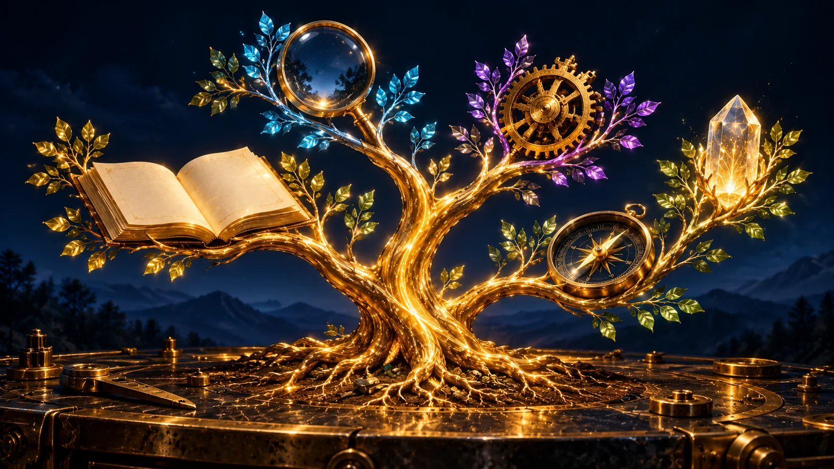 A golden tree growing around books, instruments, and tools.