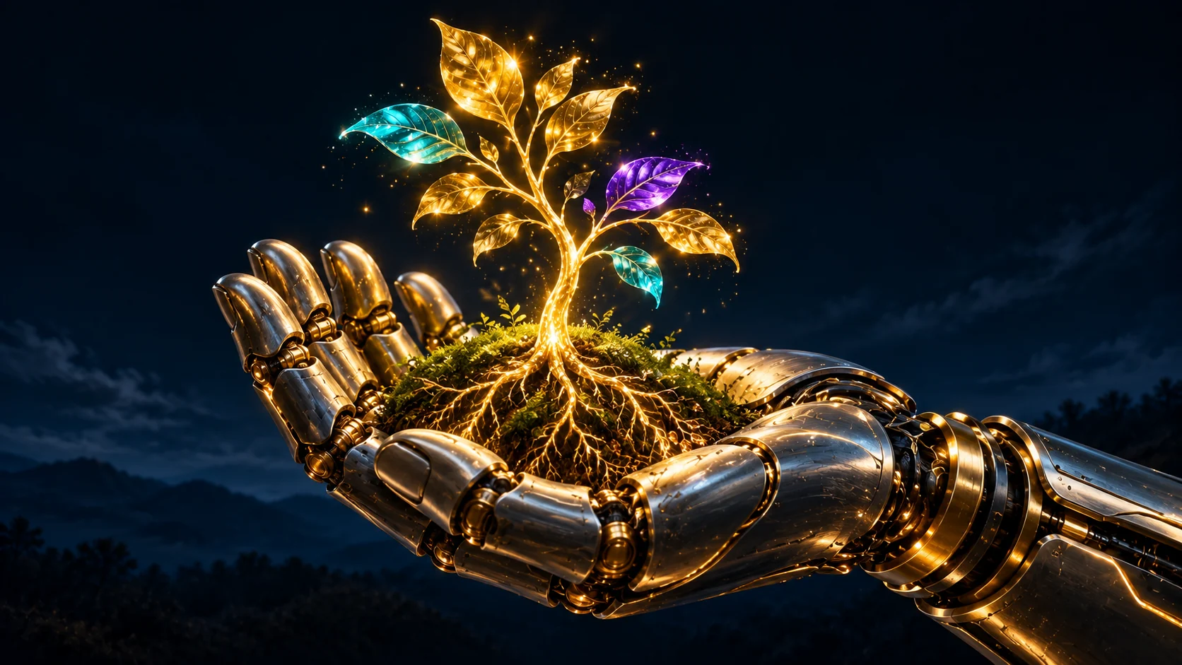 A precision robotic hand carefully holding a golden seedling.