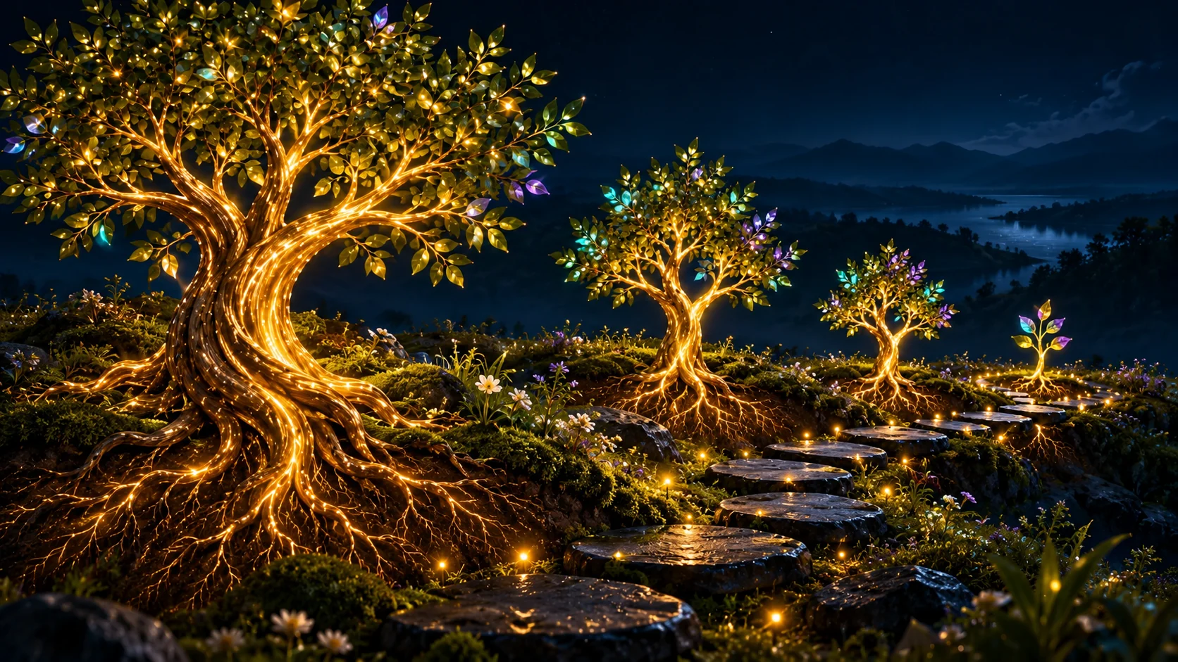 A garden of luminous golden saplings along a learning path.