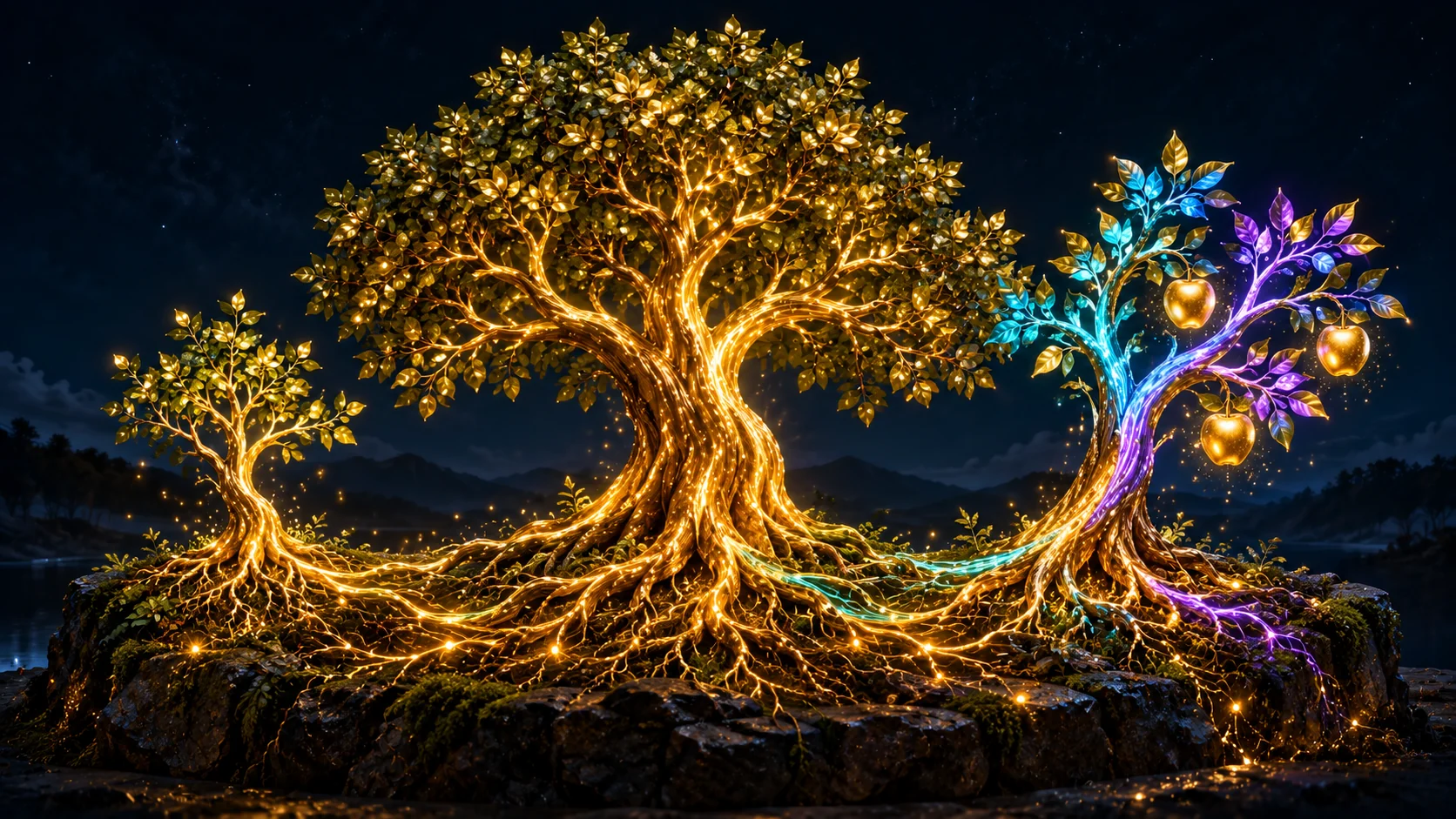 Three stages of a luminous tree, from connected roots to refined branches and golden fruit.