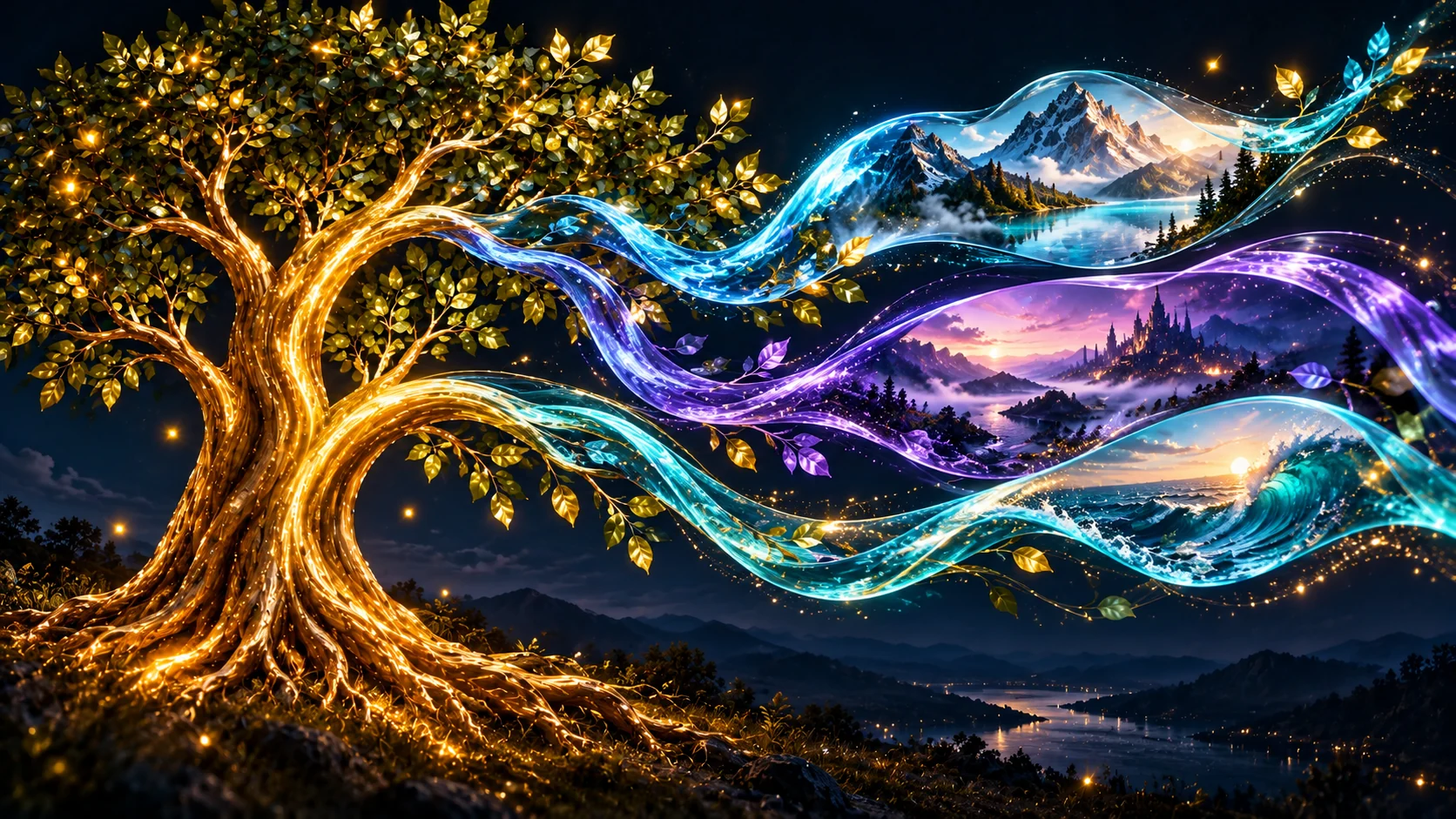 Golden branches unfolding into luminous visual and audio-like ribbons.