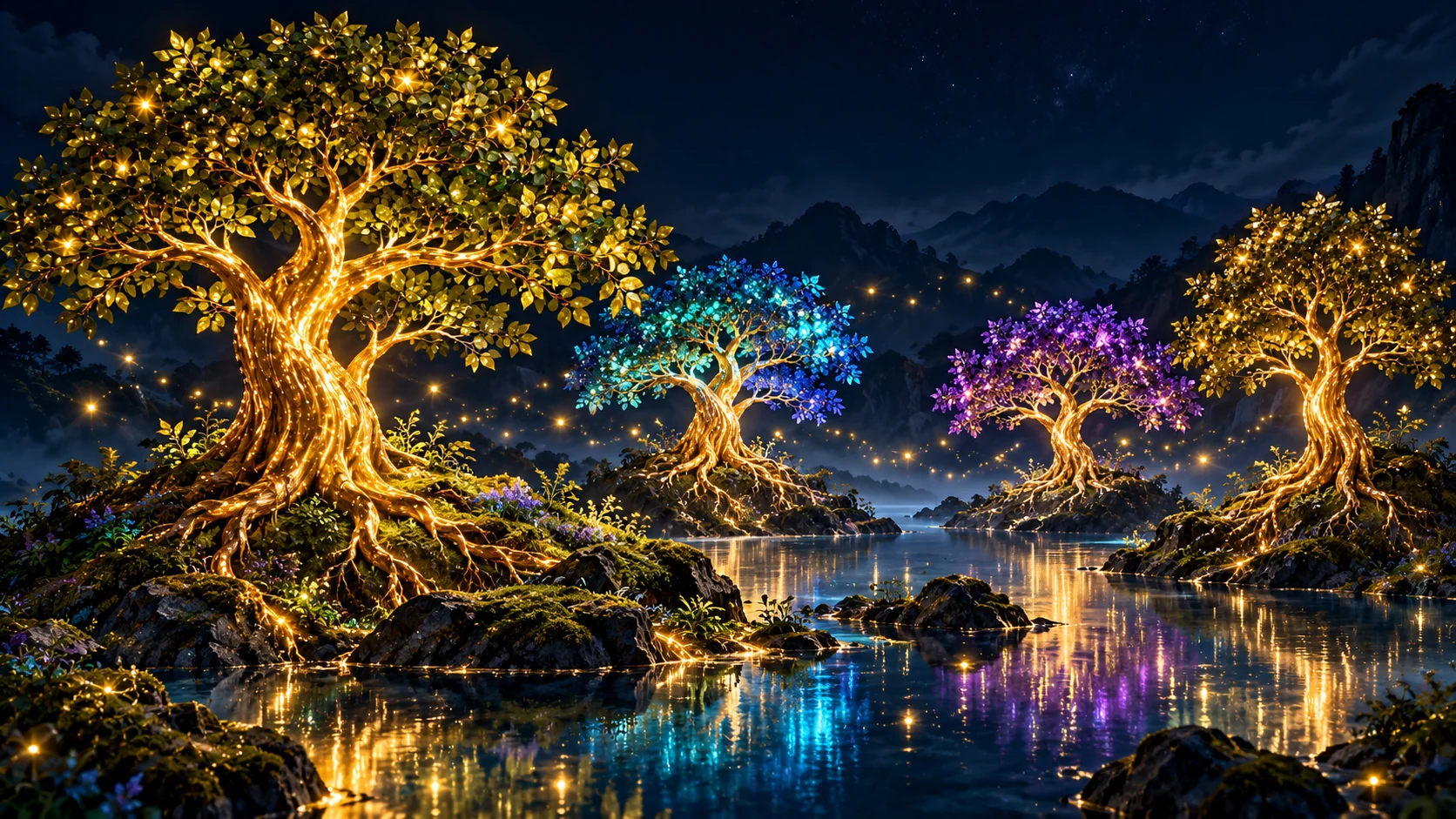 A grove of distinct luminous trees in a midnight landscape.