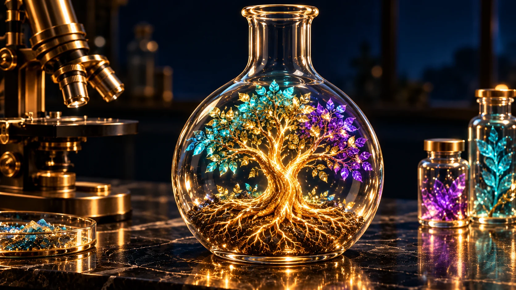 An intricate golden tree growing inside a laboratory glass vessel.