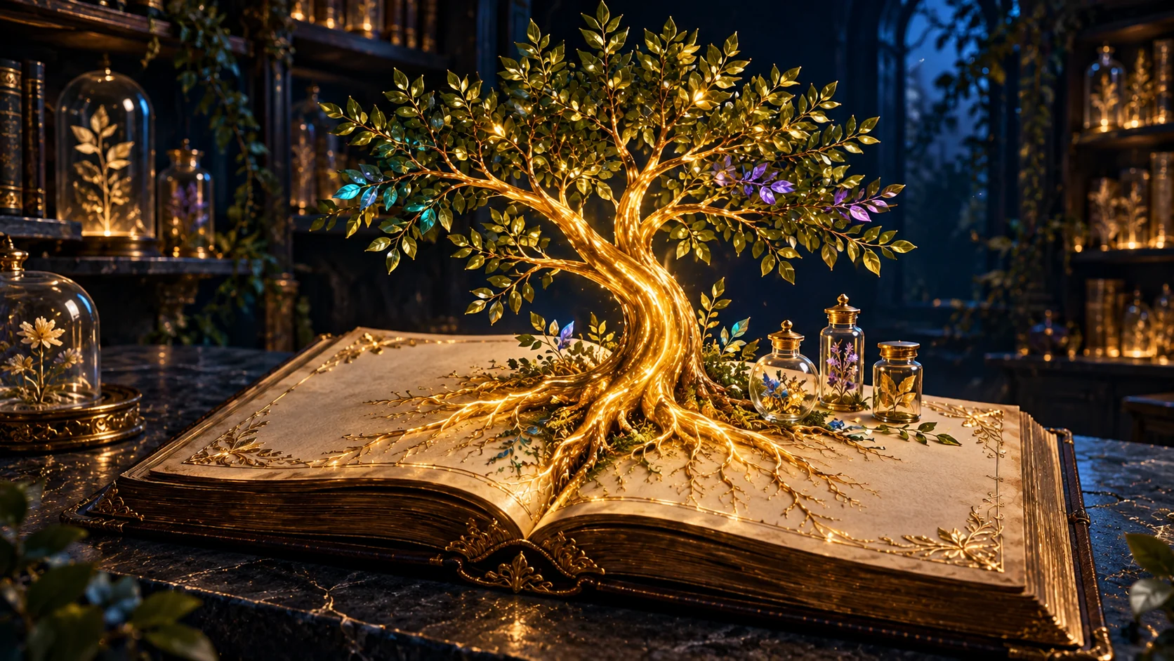 An open book whose pages support a luminous tree of knowledge.