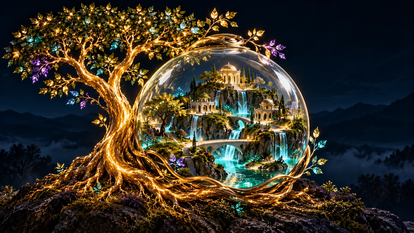 A small illuminated world held within a glass terrarium and golden roots.